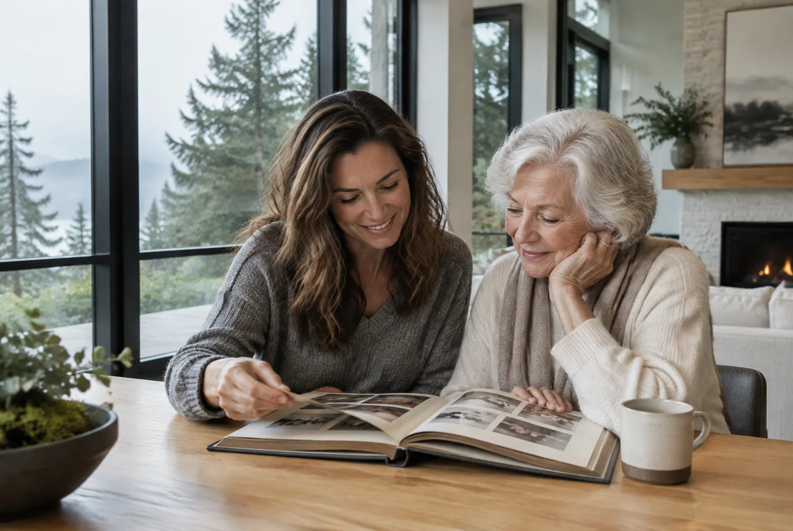Adult daughter and her mother looking through a photo album at a light wood table in a modern Northwest home with big black-framed windows