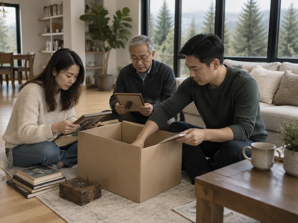 Siblings and their dad packing keepsakes into a box in a bright, modern living room