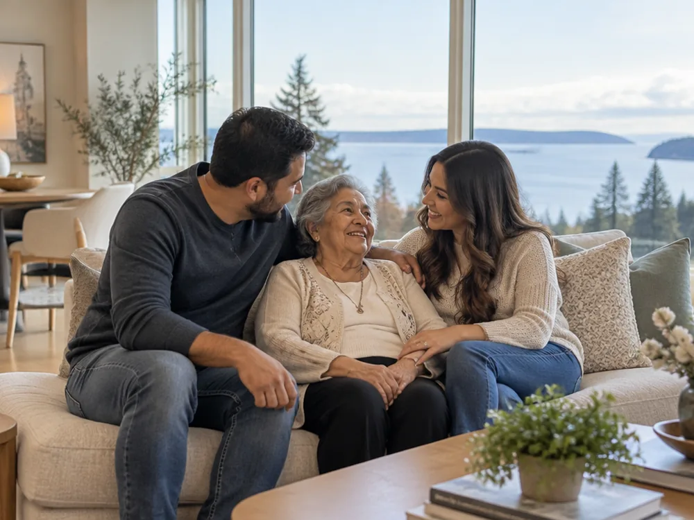 Family visiting their mother in her bright, modern apartment living room with a view of the water
