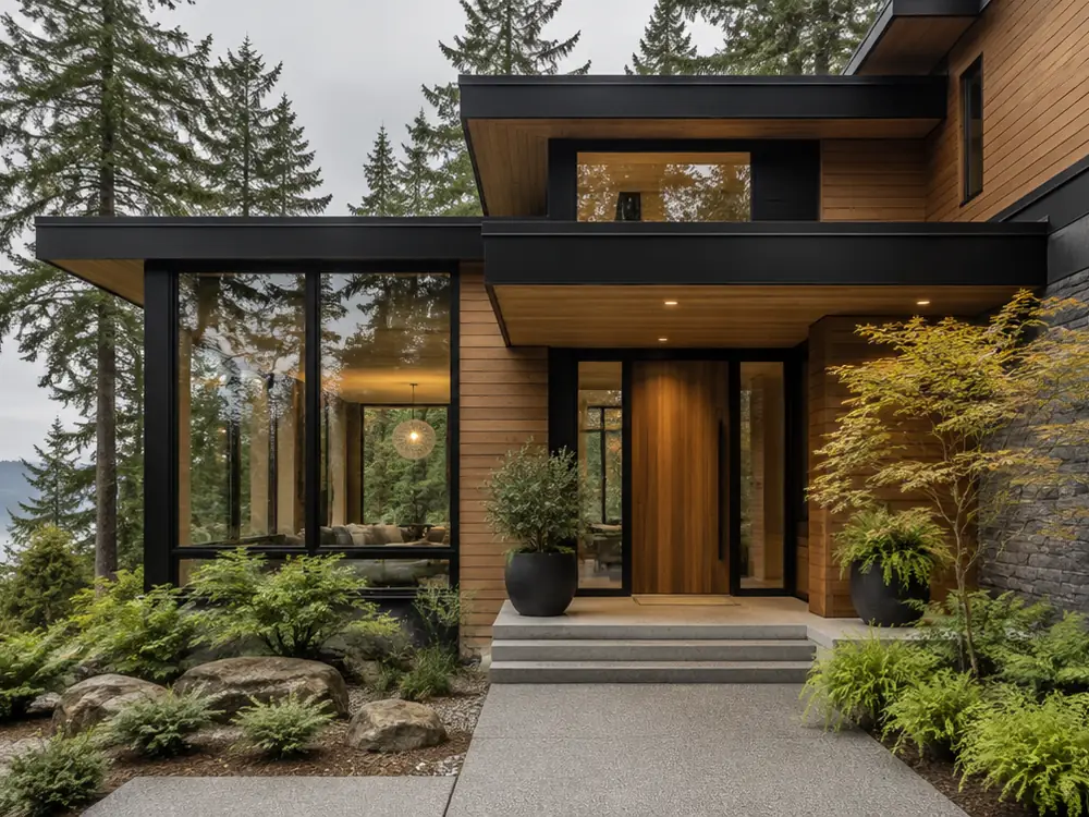 A modern Northwest home with black window frames, wood siding and evergreens on a soft overcast day
